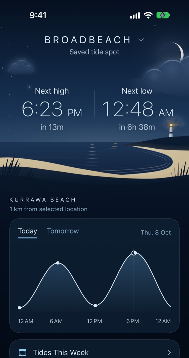 The Tides screen for a saved tide spot, Broadbeach: next high at 6:23 pm and next low at 12:48 am over a night-time coastline, with today's tide curve from the Kurrawa Beach station below.