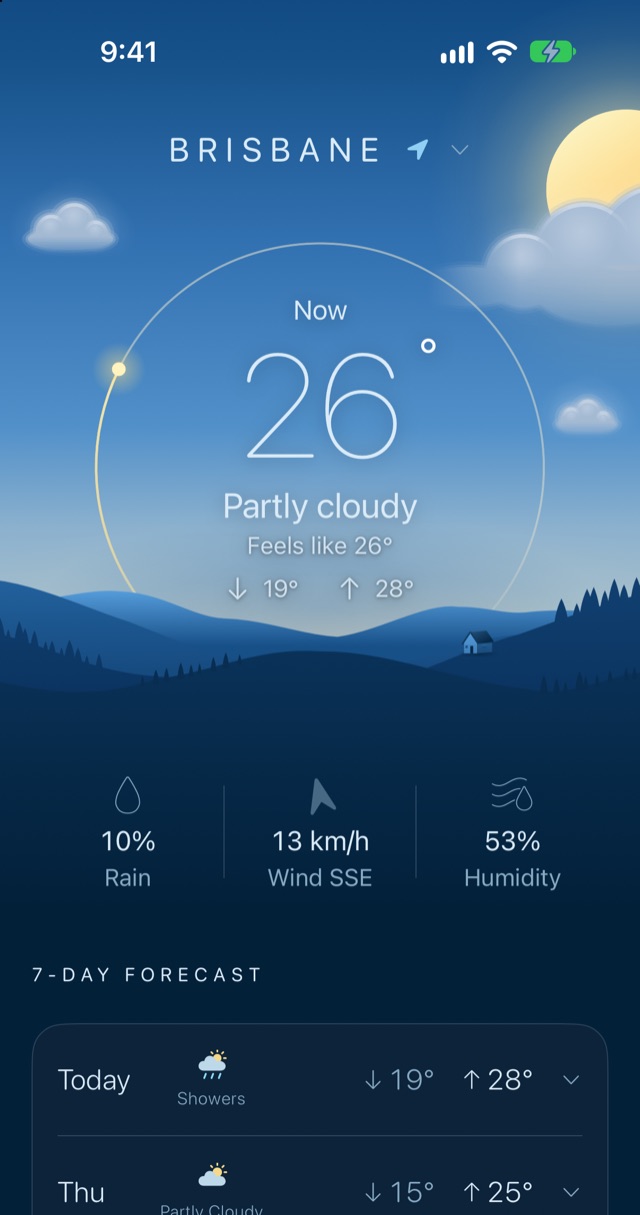The Weatherglass Weather screen for Brisbane: 26 degrees and partly cloudy under a blue sky over layered hills, with rain chance, wind and humidity, and the start of the 7-day forecast.