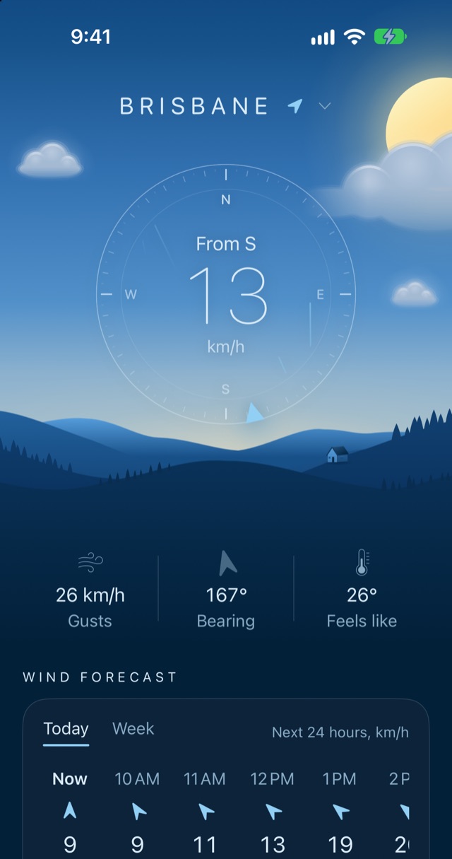The Wind screen for Brisbane: 13 km/h from the south on a compass ring, with gusts, bearing and feels-like temperature, and an hourly wind forecast.