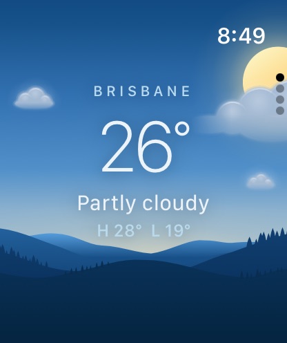 The Weatherglass watch app: Brisbane, 26 degrees and partly cloudy, with the day's high and low, over blue hills.