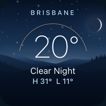 Small widget at night: 20 degrees and clear, with the day's high and low.
