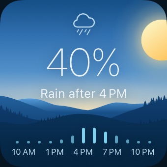Small rain widget: 40 percent chance, rain after 4 pm, with hourly bars.