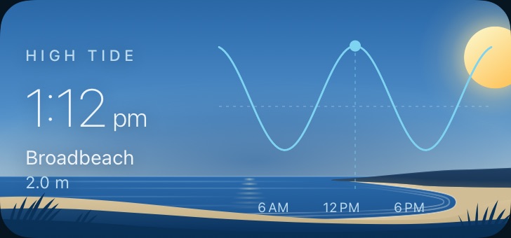 Medium tide widget: high tide at 1:12 pm at Broadbeach, with the tide curve.